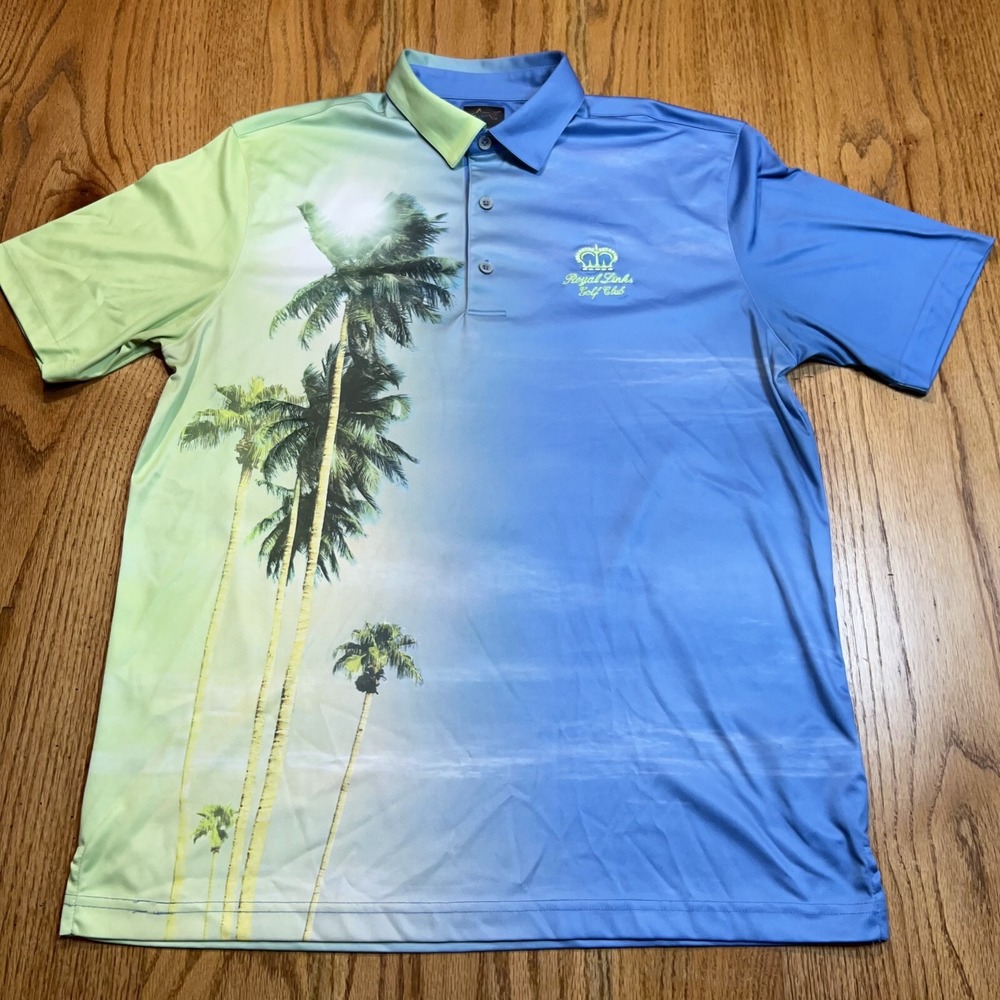 Greg Norman ML75 Golf Polo Men's Medium Royal Links Golf Club Beach Palm Trees